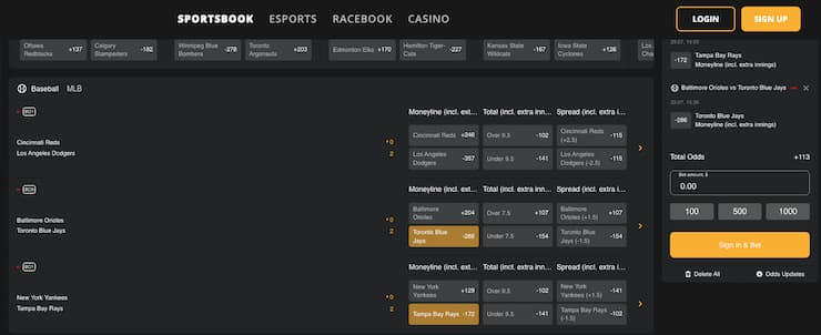 An image of MLB moneyline odds on a parlay bet from BetWhale.